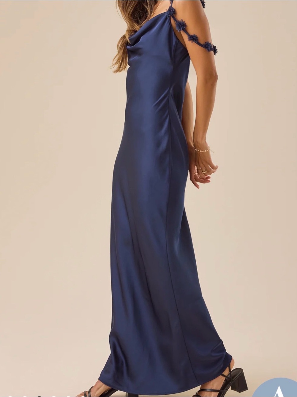 Navy Satin Cowl Neck Dress with Floral Strap